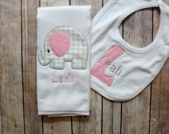 Baby Girl Elephant Burp Cloth Set - Monogrammed Elephant Burp Cloth and Bib - Chevron Elephant Baby Gift - Personalized Baby Girl Gift