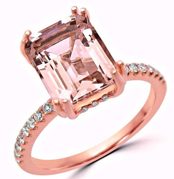 Morganite Engagement Ring Diamond Emerald Cut 14k Rose Gold