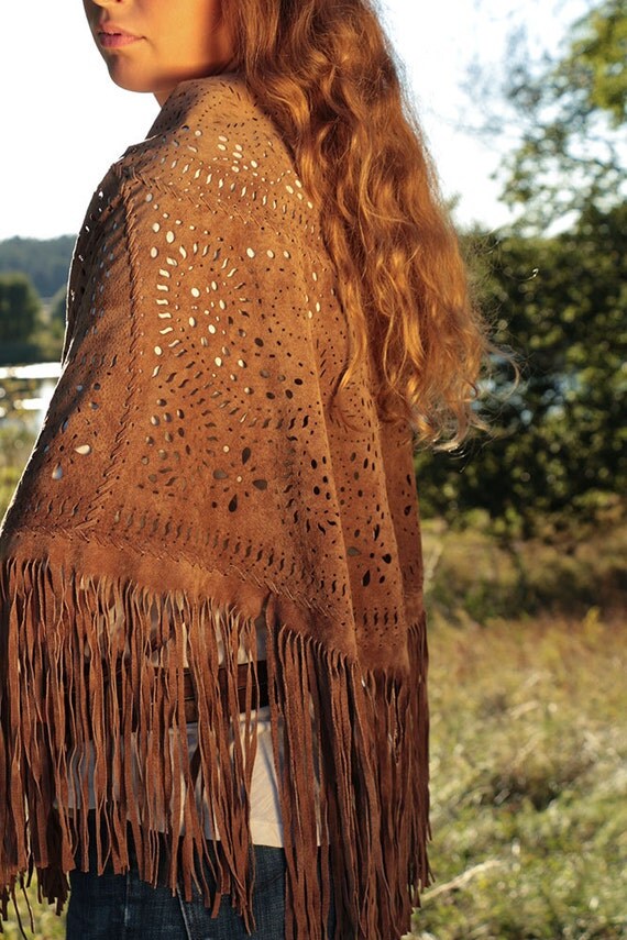 Boho shawl with fringe made of soft brown suede