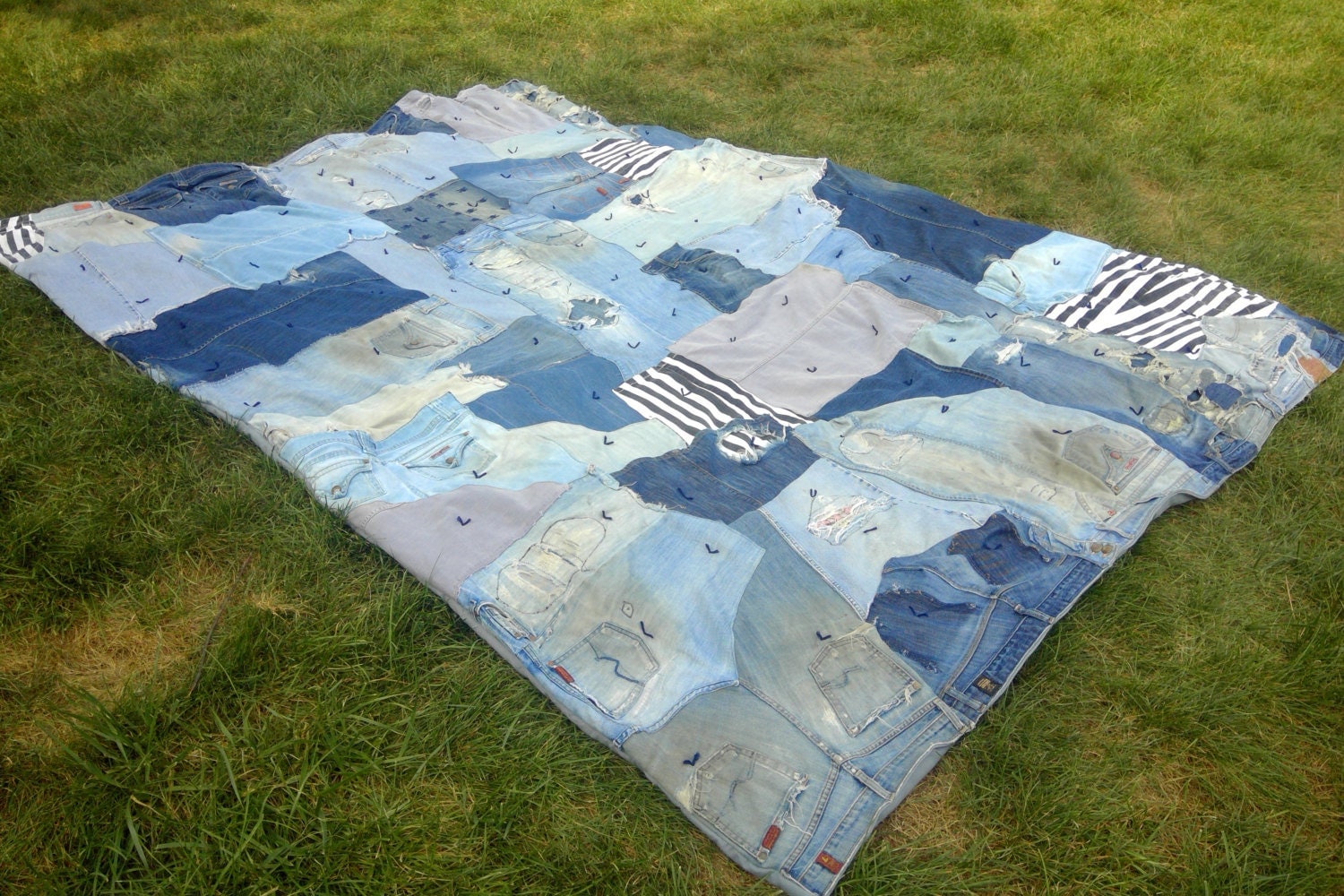 Blue Jean Patchwork Quilt Upcycled Denim Crazy Quilt Queen