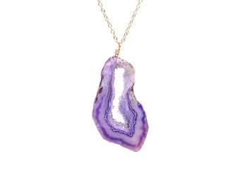 Purple geode necklace - raw crystal necklace - geode cave - geode druzy - a purple agate slice wire wrapped onto a 14k gold vermeil chain