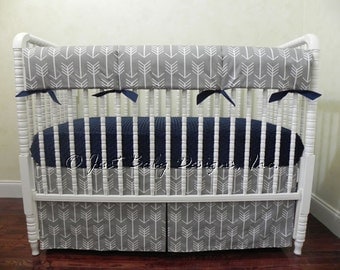 Gray Arrow Baby Bedding Set - Boy Baby Bedding, Tribal Baby Bedding, Arrow Crib Bedding, Navy Baby Bedding, Crib Rail Cover