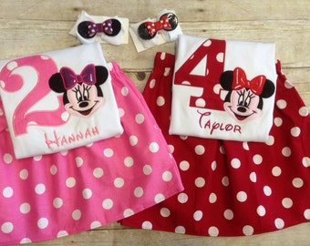 Minnie Mouse Birthday Outfit with Matching Hair clip/ Disney Birthday Outfit/ Minnie Mouse Skirt set/ Minnie Mouse Shirt
