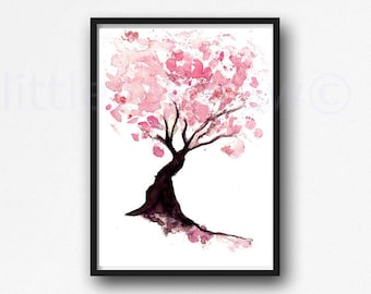 Cherry Blossom Print Tree Watercolor Painting Print Pink Wall Art Tree Print Watercolour Blossom Pink Home Decor Living Room Decor