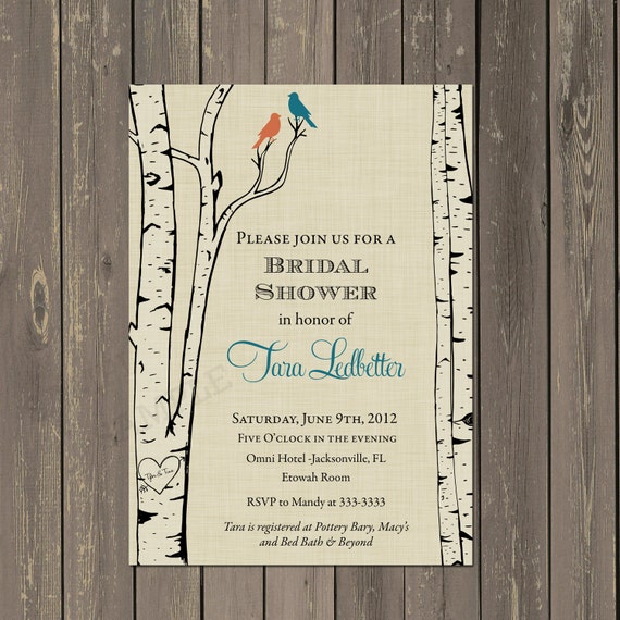 Birch Tree Bridal Shower invitation, Birch and Birds Shower Invite, love bird shower invitation, any colors, printable or printed Il_570xn