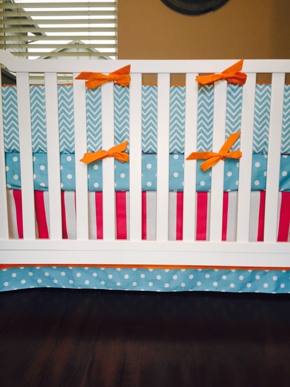 Crib Bedding Turquoise Orange Pink Crib by CustomBEBEtextiles