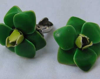 Retro Lime Green & Yellow Enameled Metal Flower Earrings, Petite Clip Backs