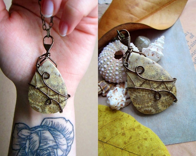Wire wrapped fossil coral necklace "Mermaid Spirit". Custom chain length.