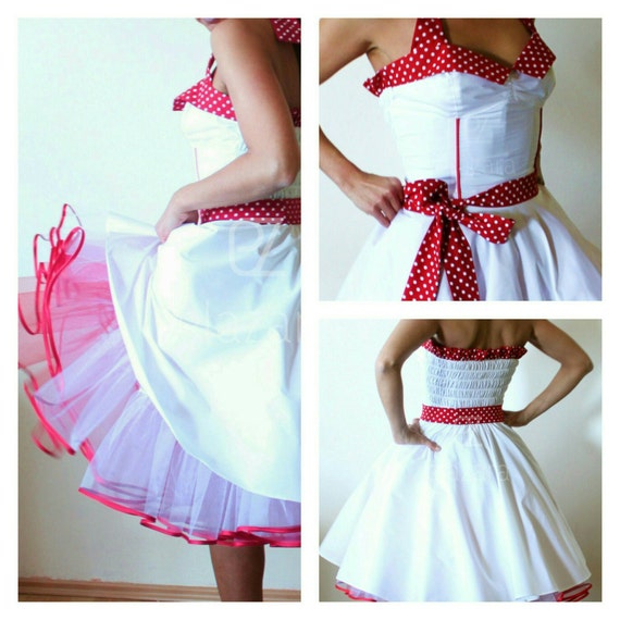 50s petticoat dress rockabilly dress in white with red
