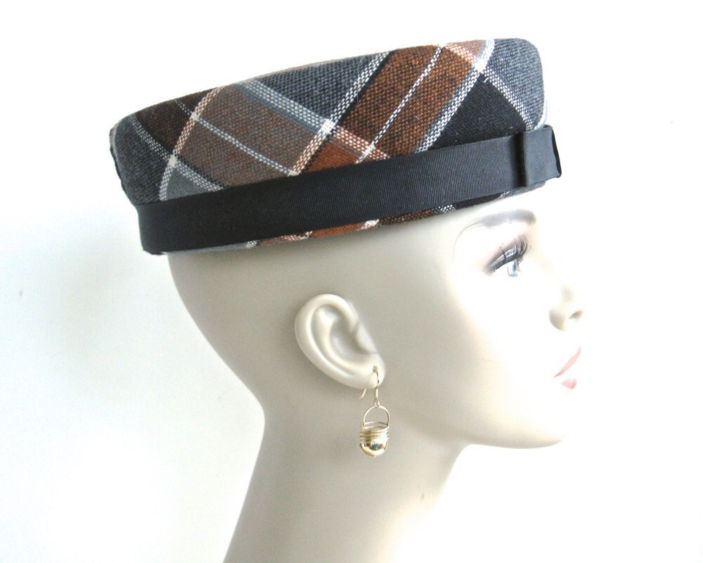 Vintage Pillbox Hat Wool Plaid Gray Rust Mad Men 1950s