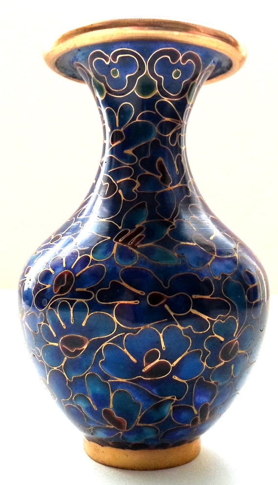 Chinese Cloisonne Miniature Vase Peacock Blue by Snowyowltreasures