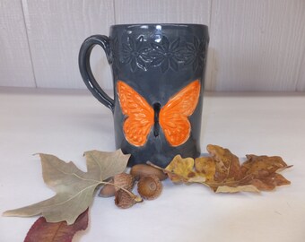 Gray and Orange Ceramic Monarch Butterfly Coffee Mug