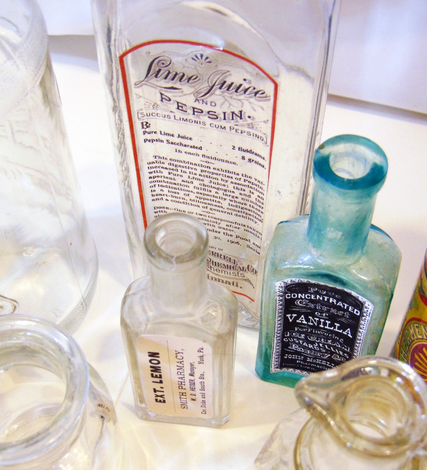 Collection of 10 Vintage Bottles Glass Kitchen Bottles