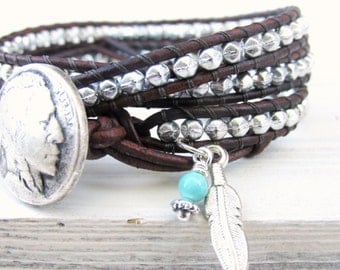 Silver Triple Leather Wrap with Indian Head Button and Eagle Feather ~ Native American Jewelry ~ Western Boho Bracelet ~ Silver Beads