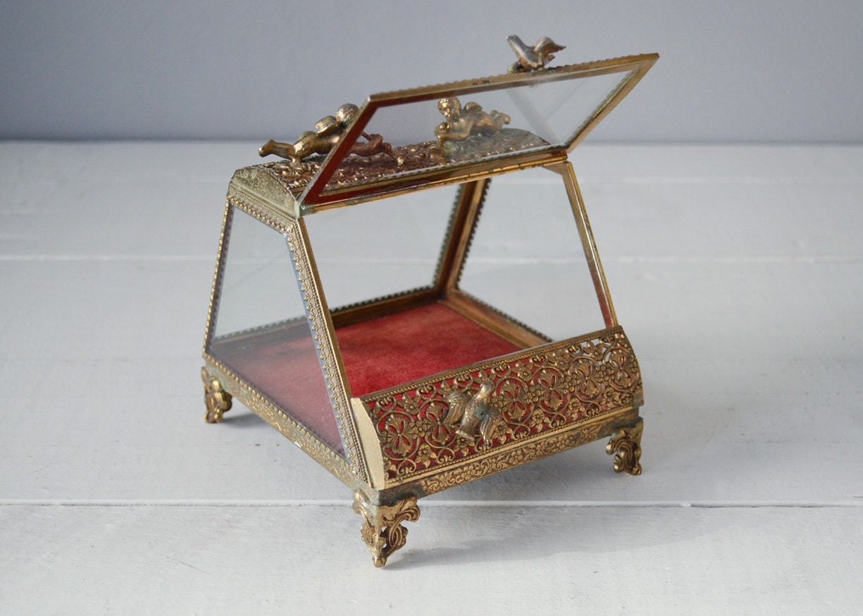 Vintage Jewelry Casket Glass Jewelry Box Gold Jewelry