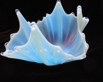 Mod Fostoria Glass Bowl. Beautiful Blue color, Mid Century design with crimped edges. A great collector's piece or wonderful wedding gift.