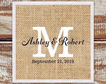Rustic Wedding Reception Napkins | Custom Monogrammed Paper Beverage Napkins W/ Rustic Burlap Printed Background | Quantity Discounts