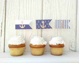 12 Nautical Cupcake Toppers-Gold Anchor Topper-Nautical Shower-Baby Shower Decor-First Birthday Treat Topper-Navy and Gold Nautical Flag