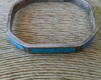 Vintage Mexico Taxco Sterling Silver and Inlaid Turquoise Hinged Bracelet - Marked TF-49