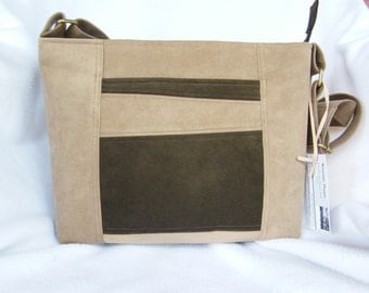 Ultrasuede cross-body purse /Authentic Ambiance Fawn Color Ultrasuede / Kravet Dark Brown Ultrasuede / Exterior Pockets / Ultrasuede Purse