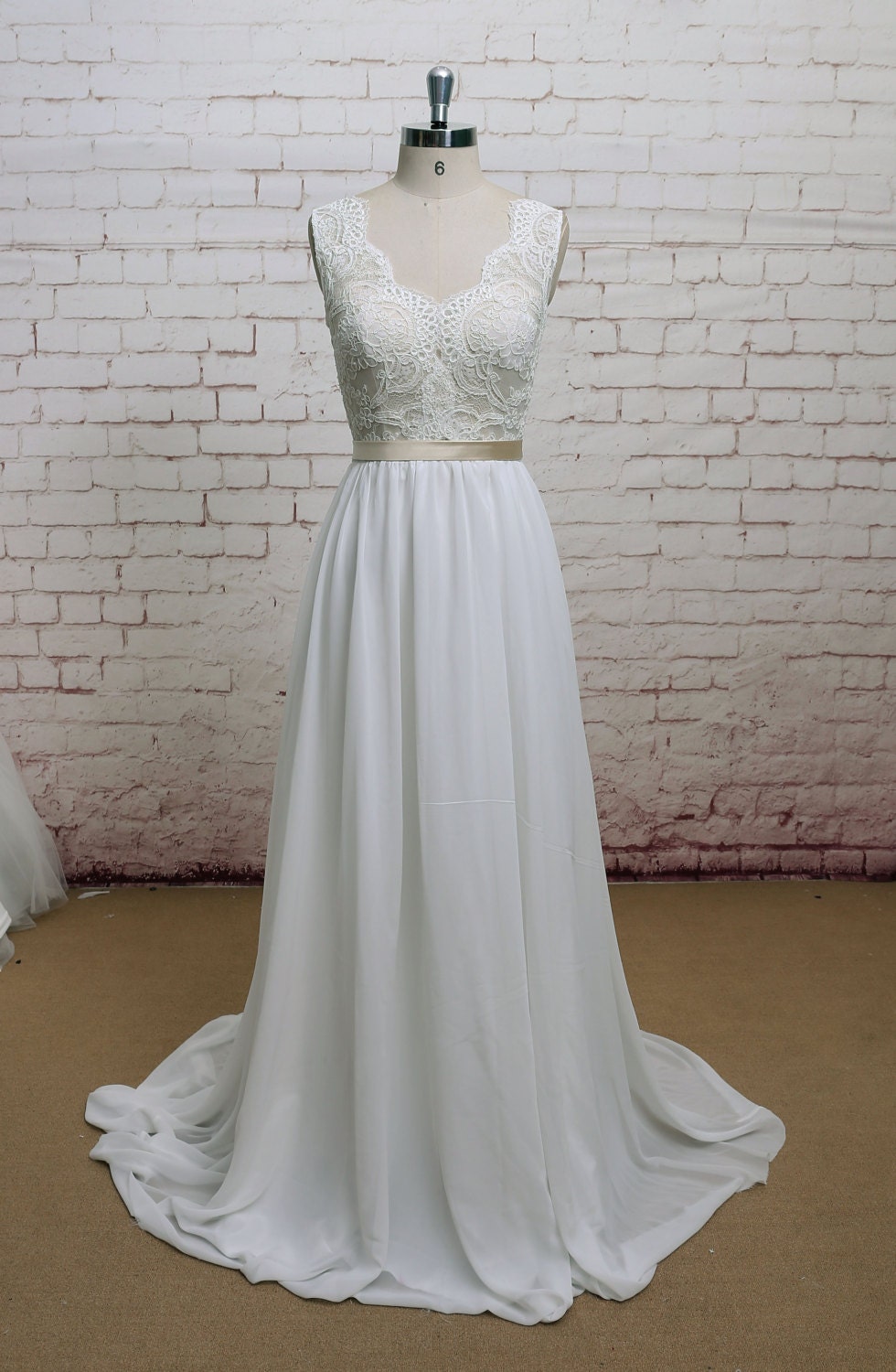 VBack Wedding Dress with Chiffon Skirt Aline Style Bridal