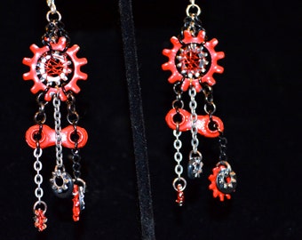 Fun and Edgy Upcyled, Wire Wrapped, painted Hardware Washers and Chain Earrings