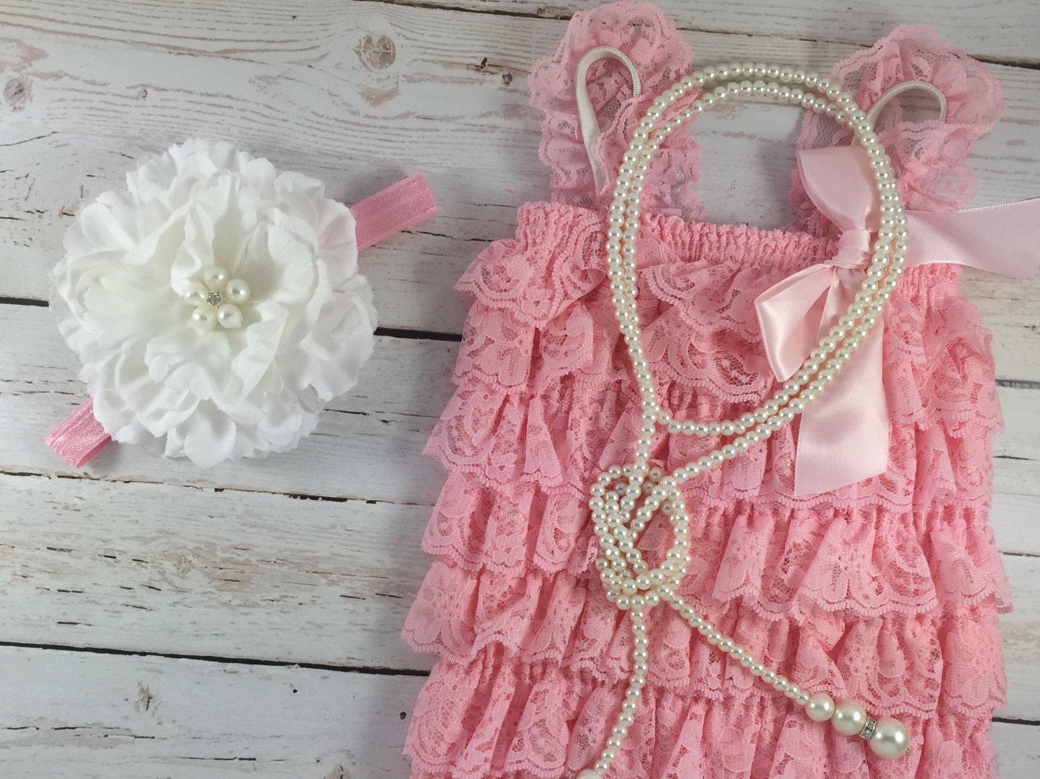 3 pc SET white /light pink Romper Baby Girl Rompers Lace