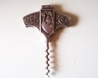 Highly Detailed Vintage Norwegian Pewter Corkscrew - By HH Tin - Viking Design