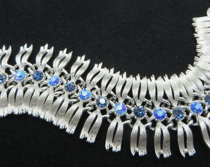 Lisner Blue AB Rhinestone Bracelet, Estate Vintage Egyptian Revival Silver Tone Bracelet