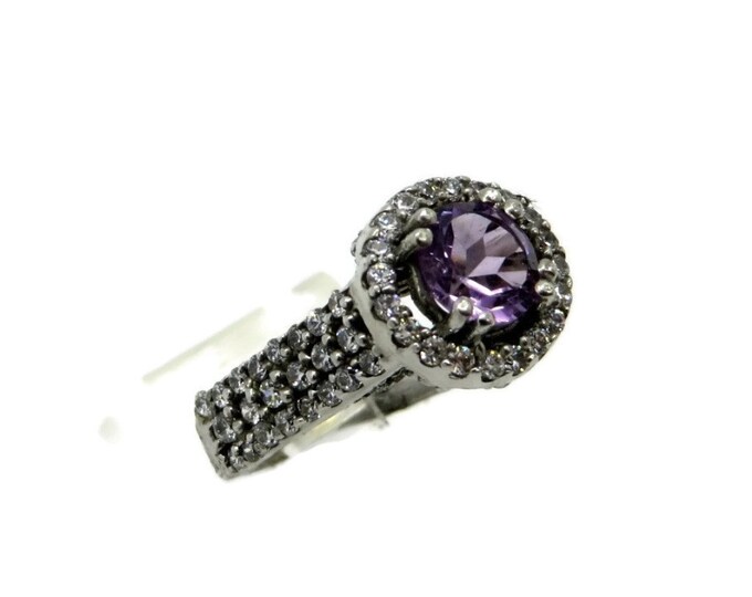 Amethyst and Topaz Ring, Vintage Sterling Silver Engagement Ring, Bridal Jewelry, Size 5