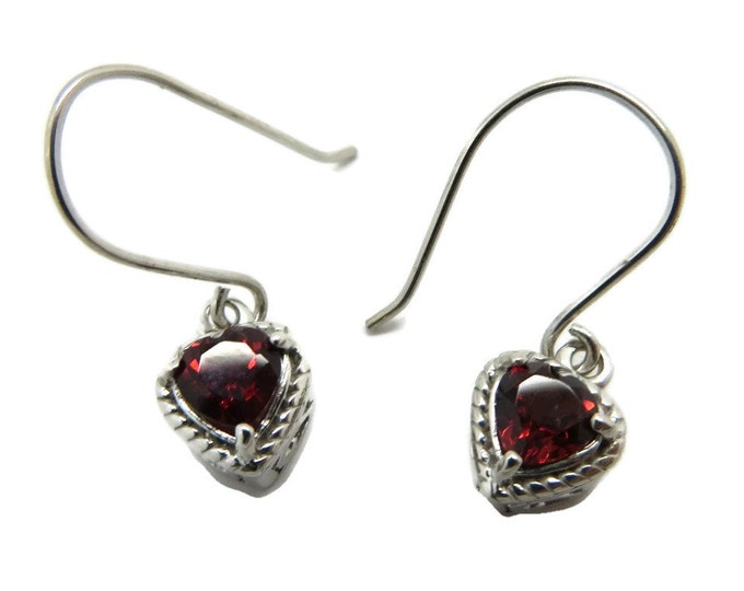 Garnet Heart Earrings Vintage Sterling Silver Dangling Pierced Earrings Bridal Jewelry