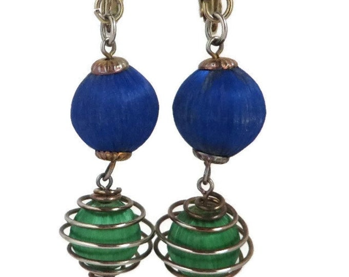 Vintage Earrings - Tri-Color Dangle Earrings, Multicolor Ornament Earrings, Wire Wrapped Dangles