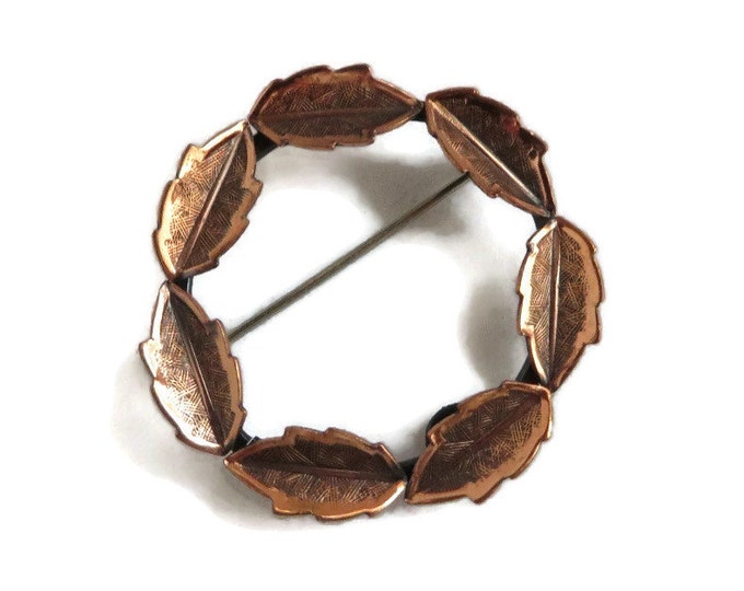 Copper Circle Brooch, Vintage Copper Leaf Pin, Copper Wreath Brooch, Genuine Copper Jewelry, Bell Copper