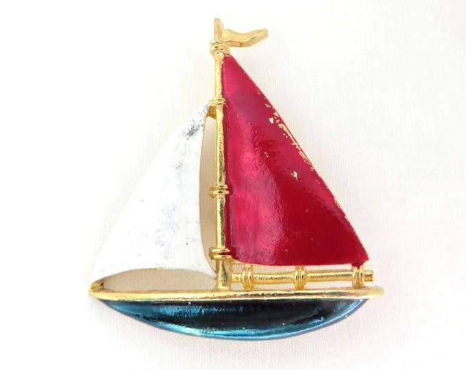Vintage Brooch - Gerry's Sailboat Brooch - Red White Blue Nautical Pin, Perfect Gift, Gift Box