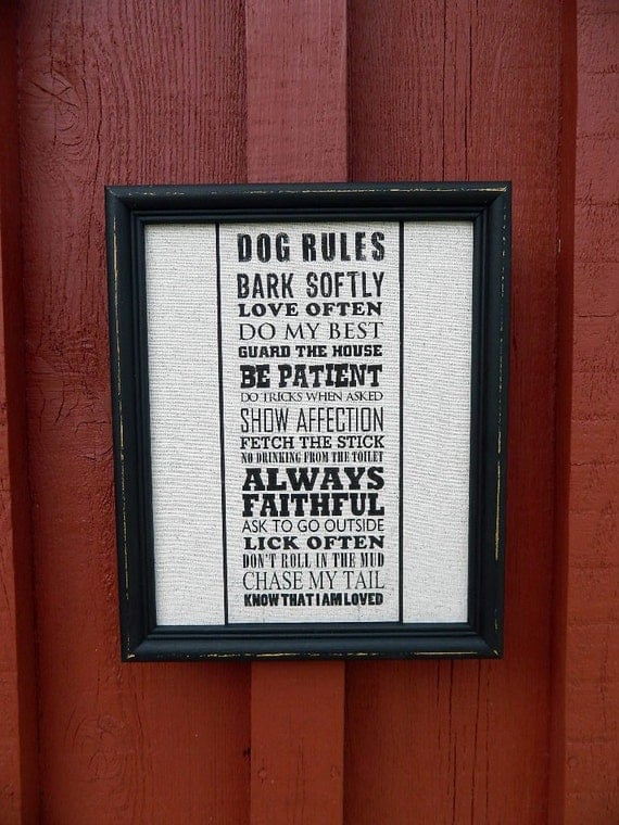 Items similar to Dog Rules Sign Printed on Antique Linen and Framed