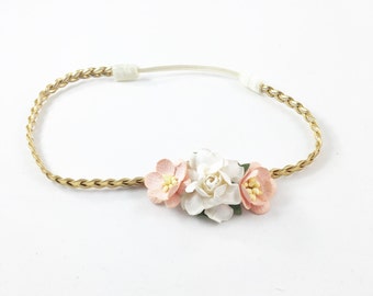 peach and cream headband, Gold Braided Headband, Peach Headband, peach flower Headband, peach flower girl Headband, newborn photo prop