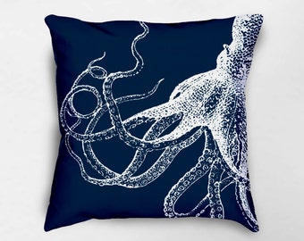 Octopus Throw Pillow, Nautical Pillows, Octopus Decor, Nautical Pillow Covers, Ocean Pillow, Beach House Pillow, Navy Octopus Pillow Cover