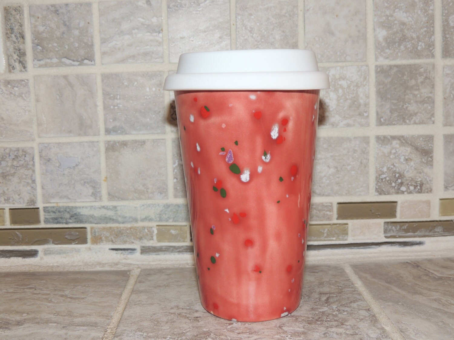 Handmade Ceramic Travel Mug Unique Rose colored speckled