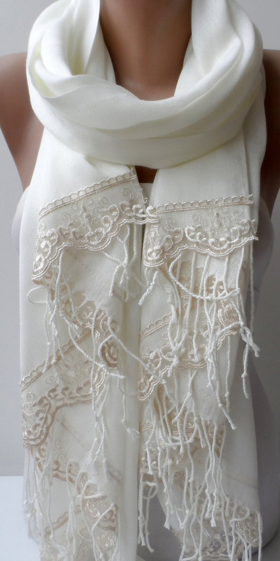 Ivory Pashmina Shawls French Lace Bridesmaid by elegancescarf