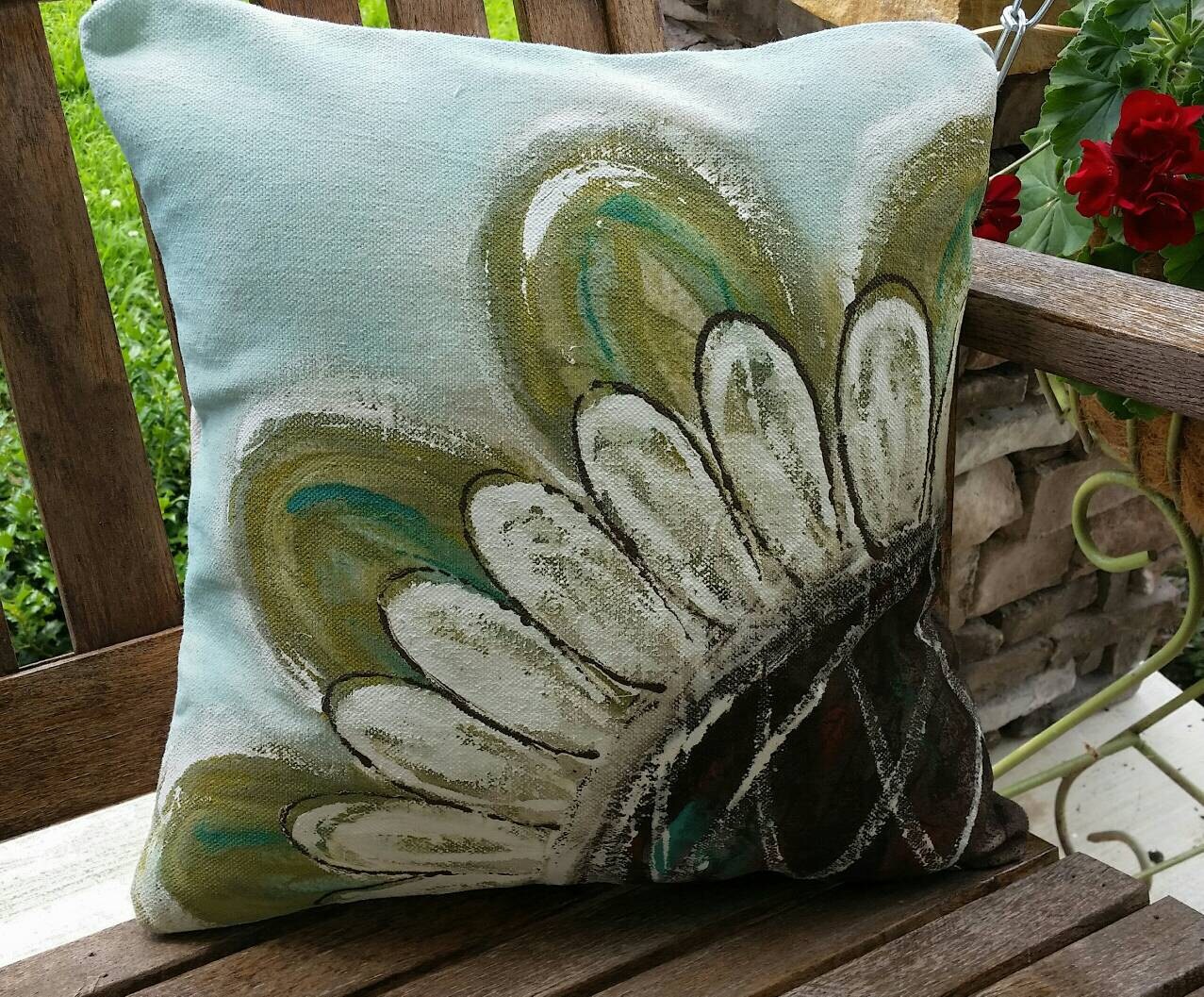 New Large Flower Sage Blue Indoor Outdoor Cushions