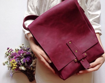 Wine Leather Messenger Bag, Men's Leather Bag, Full Grain Leather, Violet-Wine Velvet Bag, Cross Body Bag, Shoulder Bag, For Men, A4 Format