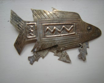 fish brooch-fish pin-hanging fish charms-mexican silver-folk design-fisher woman?-