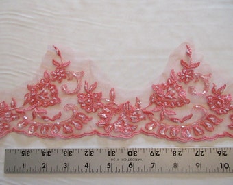 Coral color beaded embroidered net lace scallop; 4.5" wide lace scallop trim priced per piece