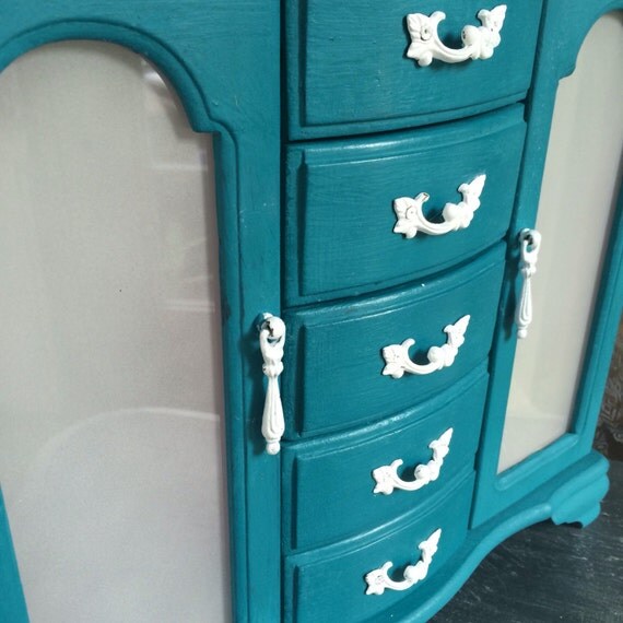 Peacock Blue Teal Aqua painted Jewelry Box Armoire Frosted