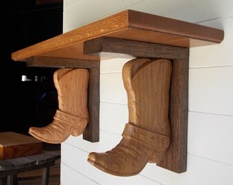 Western Wall Shelf ~ Cowboy Boot Shelf Brackets made from Reclaimed Oak Wood with Floating Shelf ~ Rustic Wall Shelves ~ Wooden Wall Corbels