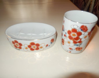 JAPAN BATHROOM SOAP Dish and Matching Glass