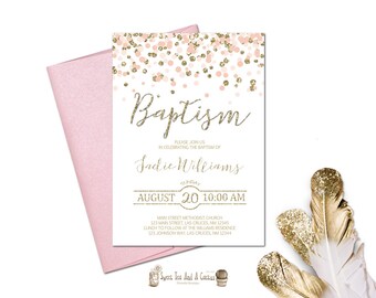 Blush Pink and Gold Baptism Invitation Printable Glitter Confetti Baby Dedication Christening Digital File Printed Prints Elegant Cross