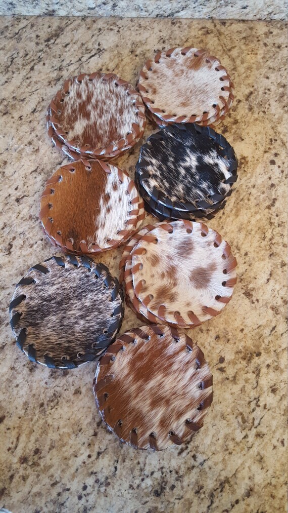 Set of 4 Cowhide Coasters with Leather Trim by WesternFaithDesigns