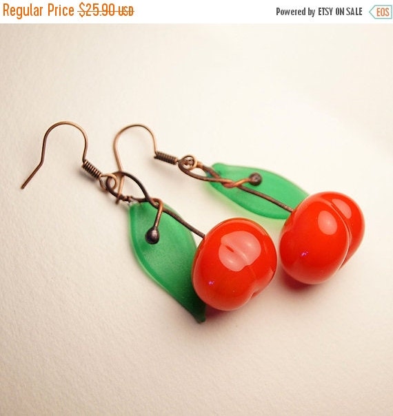 ON SALE Cherry lampwork earrings glass berry by KatyaGlass on Etsy