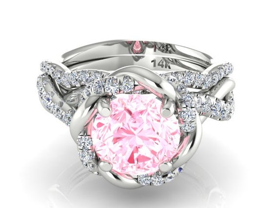 Wedding and Engagement Ring Set Genuine Morganite and